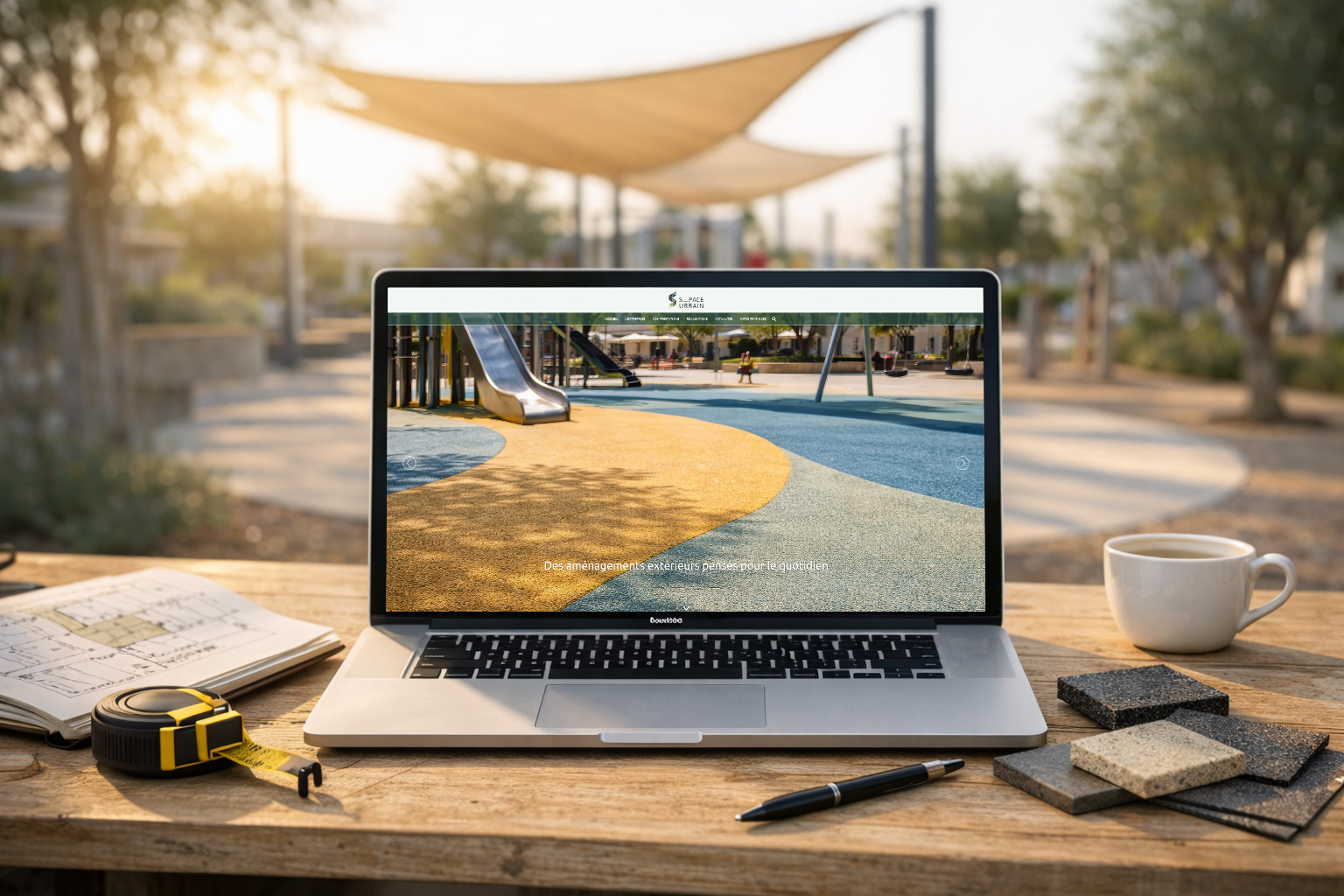Site Aménagement Espace Urbain affiché sur ordinateur portable dans un environnement d’aménagement extérieur en Provence