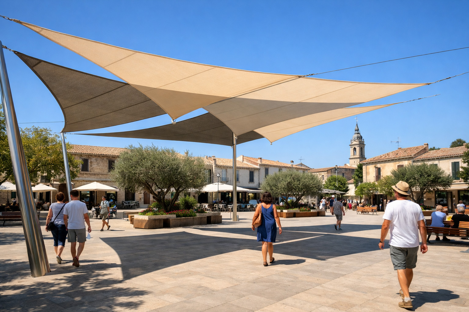 Voiles d'ombrage tendues beige et taupe sur place publique - protection solaire espace urbain