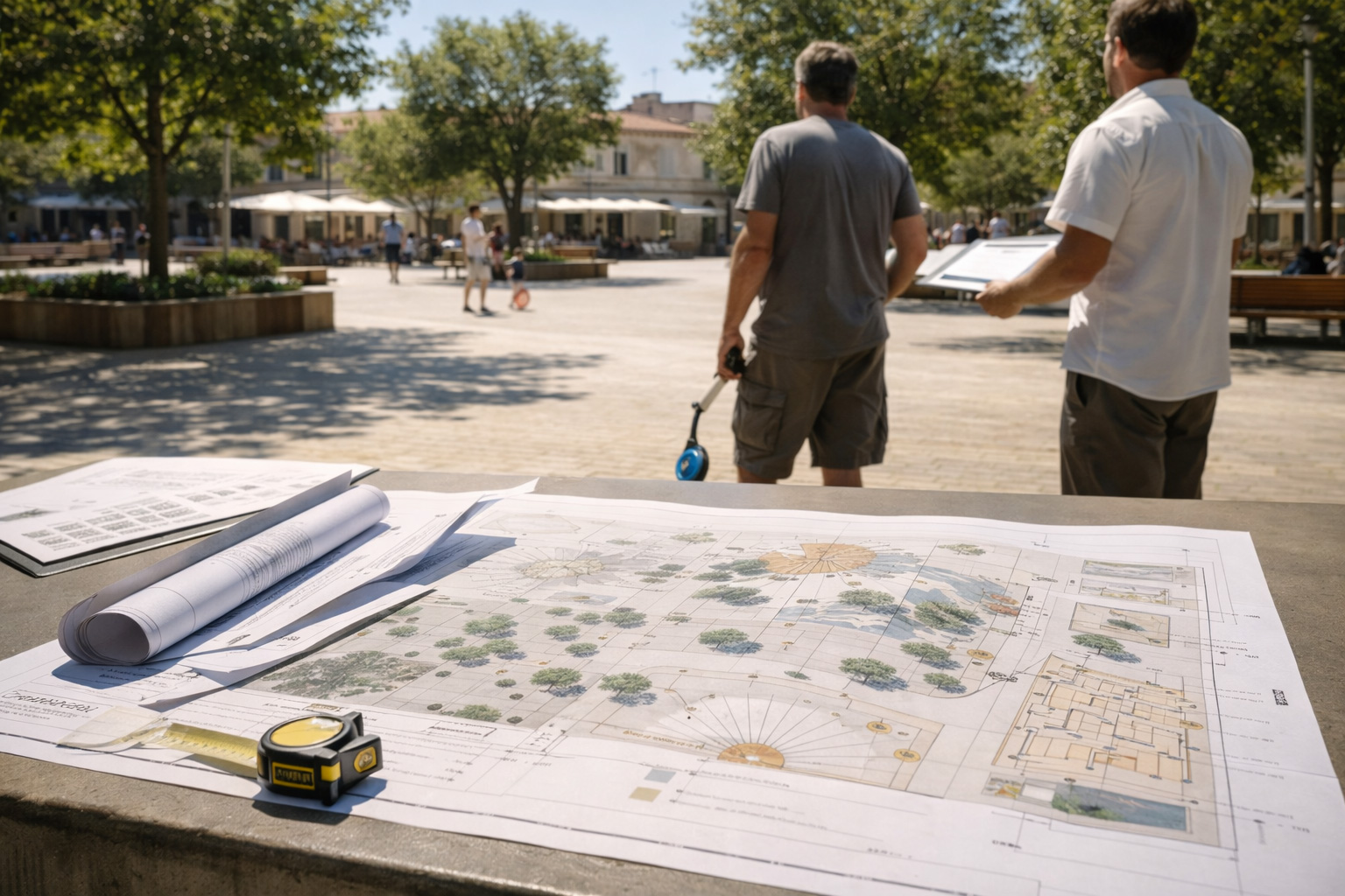 Plans d'aménagement urbain et techniciens en phase d'étude terrain pour projet d'espace public