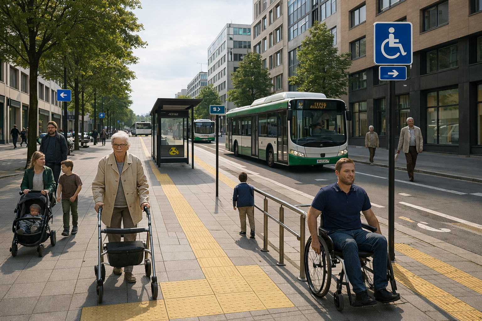 aménagement urbain accessible avec trottoir PMR, personne en fauteuil roulant, personne âgée avec déambulateur et arrêt de bus