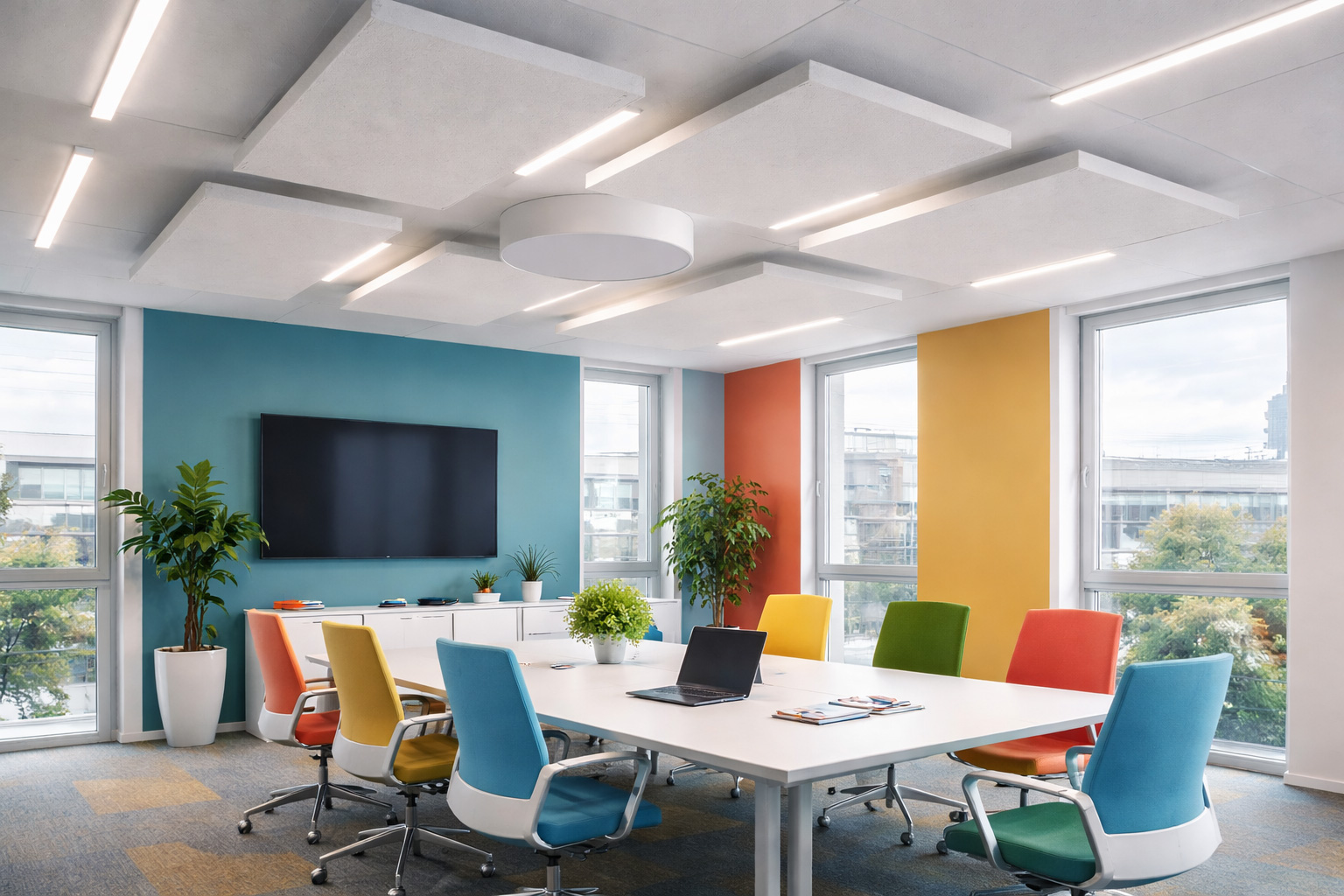 salle de réunion colorée avec panneaux acoustiques suspendus au plafond pour améliorer le confort sonore